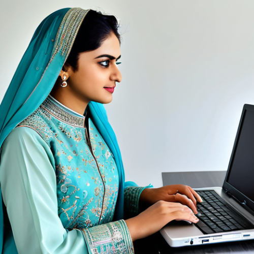**

"A confident Pakistani businesswoman in a modest Shalwar Kameez with intricate embroidery, working on a laptop in a modern office setting in Karachi, fully clothed, appropriate attire, safe for work, perfect anatomy, natural proportions, professional photography, high quality, family-friendly."

**
