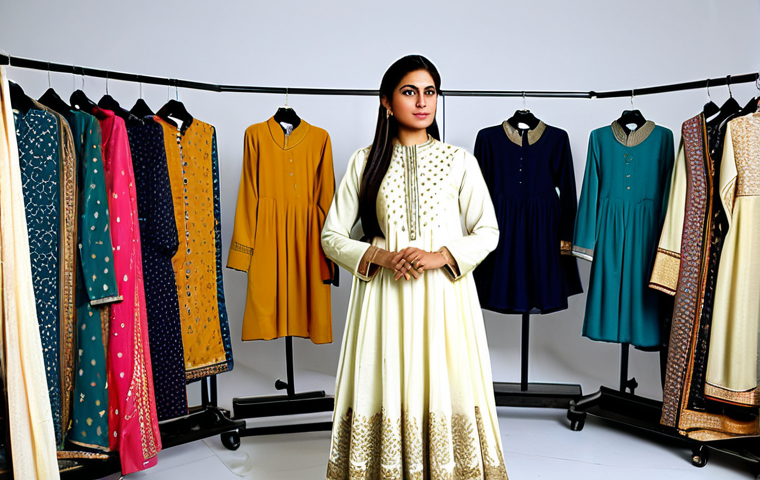 **

A Pakistani fashion designer, female, 30s, in a well-lit studio, sketching designs. She is wearing a modest shalwar kameez with intricate embroidery.  Behind her are racks of colorful fabrics and a mannequin draped in a half-finished design.  Professional, fully clothed, appropriate attire, safe for work, perfect anatomy, correct proportions, natural pose, high quality.

**