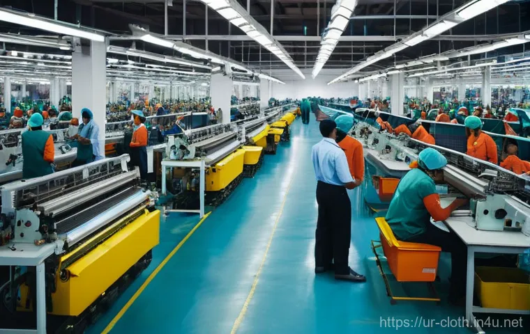 의류 봉제 공장 방문 후기 - **Prompt 1: Bustling Modern Garment Factory Floor**
A wide-angle, vibrant photograph capturing t...
