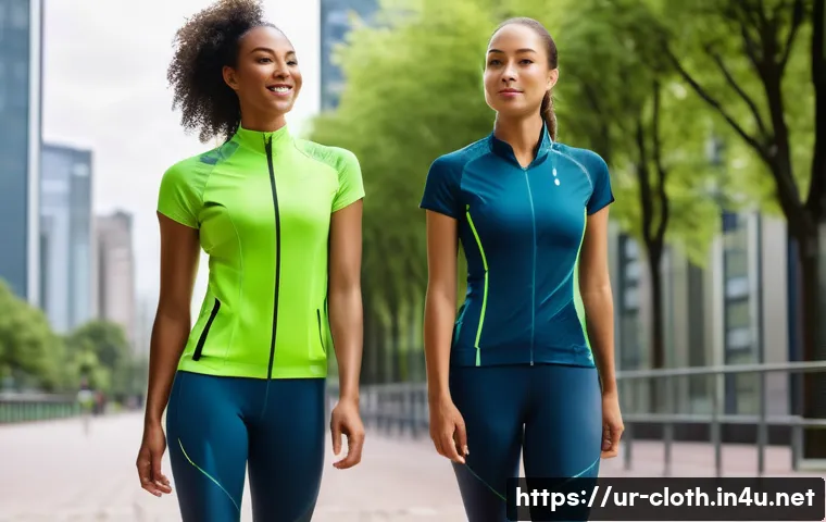 의류기술 이론의 기초부터 심화 - **Smart Athletic Wear in a Futuristic Urban Park**
"A vibrant, medium full shot of a diverse you...